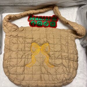Tan Quilted Women's Bag with Yellow Bow